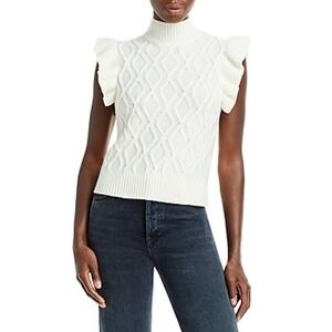 AQUA Cashmere Sweater Women S Ruffle Mock Neck Cable Fisherman Coquette Academia
